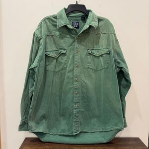 Gap XL faded Green Denim pearl snap shirt vintage distressed grunge work 💯cotton